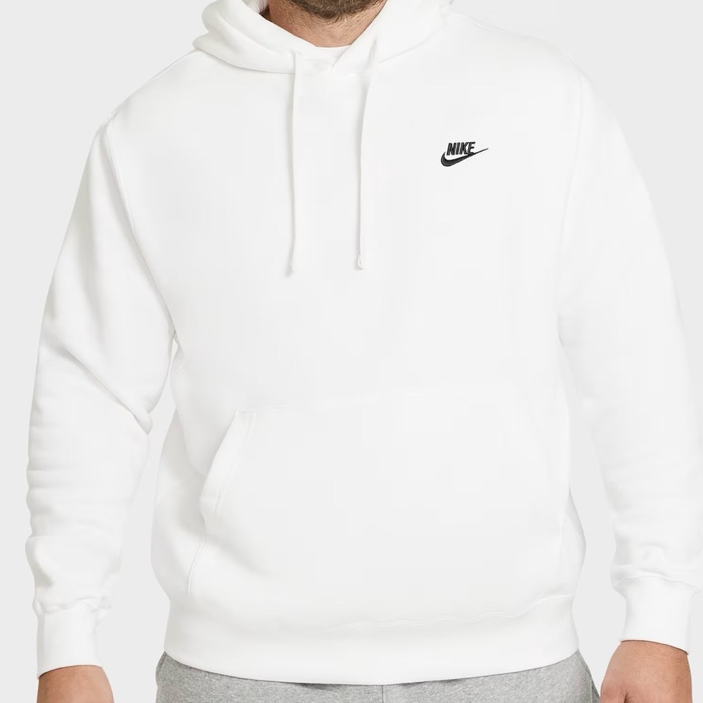 Nike Men's White Hoodie with Small Black Swoosh